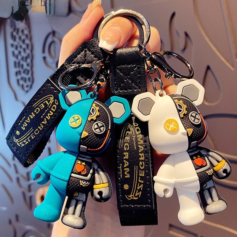 LLavero de oso mecánico de PVC para hombre y mujer, llavero de cuero con diseño de Robot, a la moda, con colgante de bolso, Punk