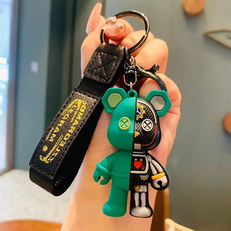 LLavero de oso mecánico de PVC para hombre y mujer, llavero de cuero con diseño de Robot, a la moda, con colgante de bolso, Punk
