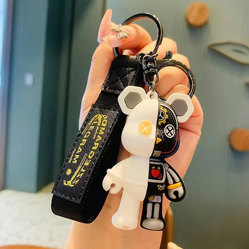 LLavero de oso mecánico de PVC para hombre y mujer, llavero de cuero con diseño de Robot, a la moda, con colgante de bolso, Punk