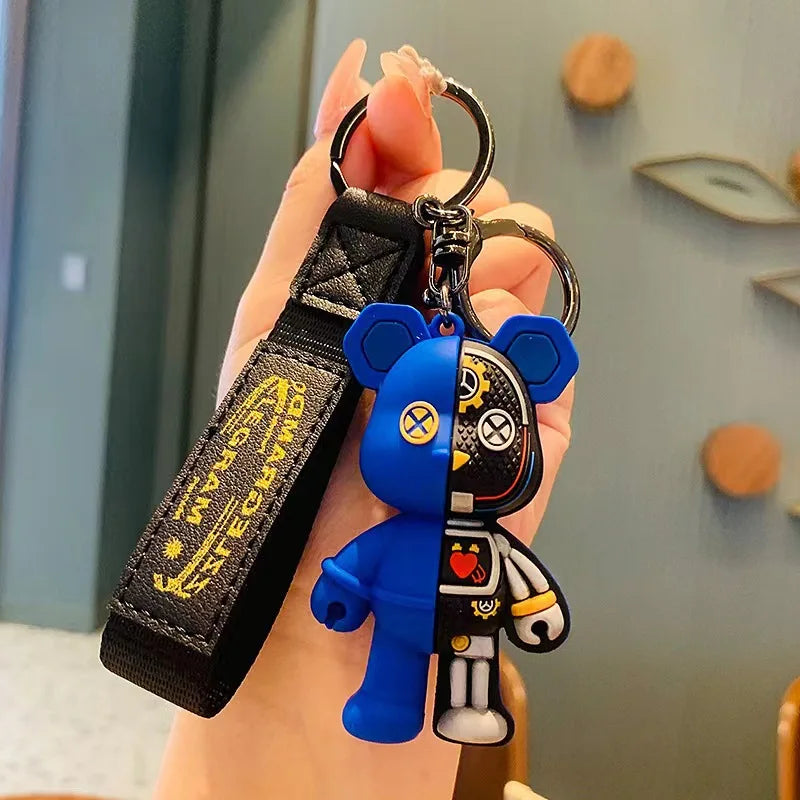 LLavero de oso mecánico de PVC para hombre y mujer, llavero de cuero con diseño de Robot, a la moda, con colgante de bolso, Punk